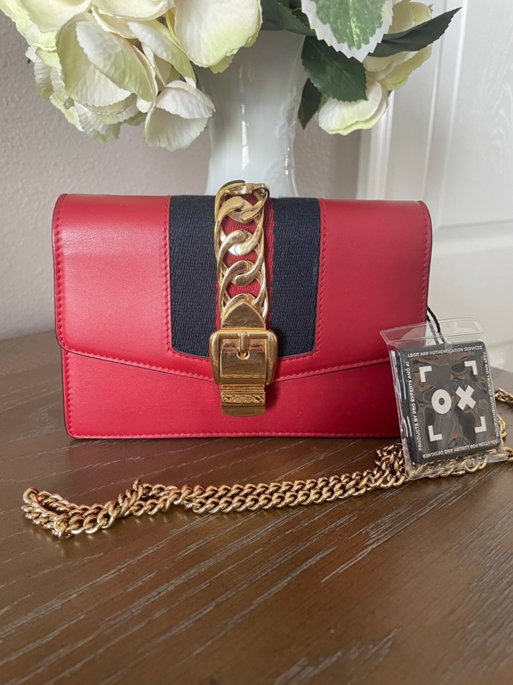Gucci Red Leather Chain Accent Crossbody Bag with Black Stripe